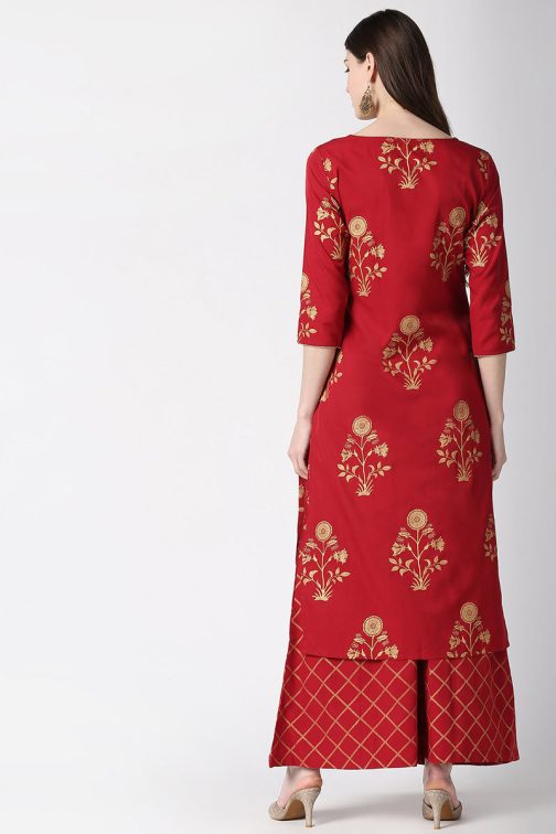 Red Polyester Floral Foil Printed Kurta Set - Image 3