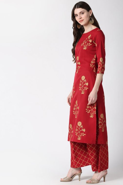 Red Polyester Floral Foil Printed Kurta Set - Image 2
