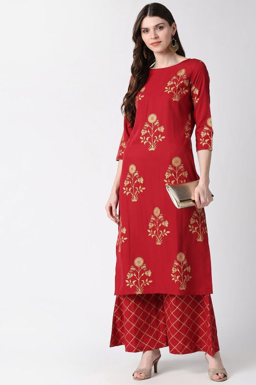 Red Polyester Floral Foil Printed Kurta Set - Image 4