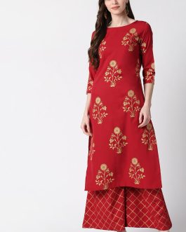 Red Polyester Floral Foil Printed Kurta Set
