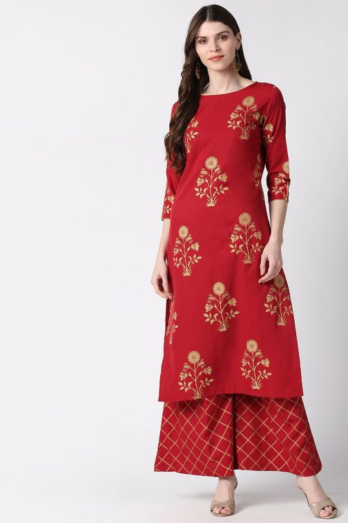 Red Polyester Floral Foil Printed Kurta Set