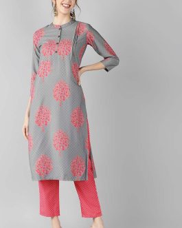 Grey Ethnic Motifs Printed Straight Kurta Palazzo Set