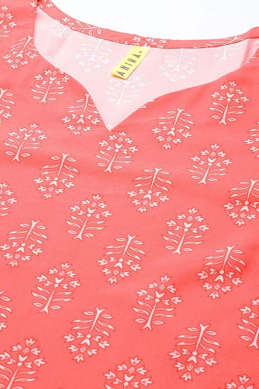 Peach Polyester Floral Printed Straight Kurta Set - Image 4