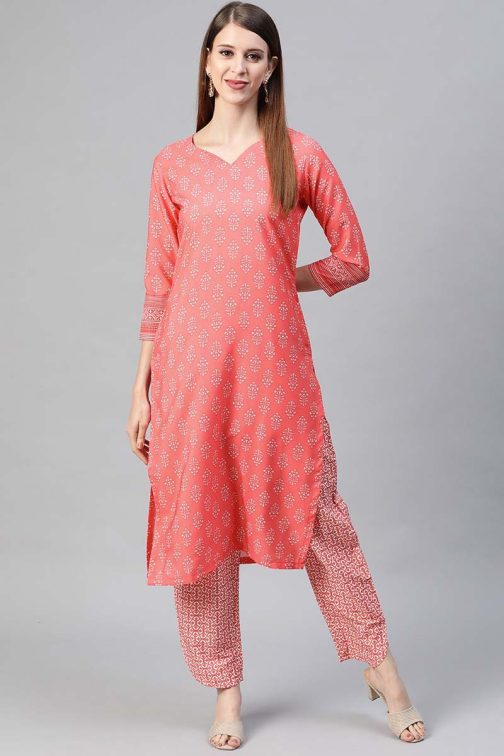 Peach Polyester Floral Printed Straight Kurta Set
