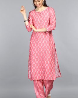 Pink Polyester Straight Kurta With Palazzo Set
