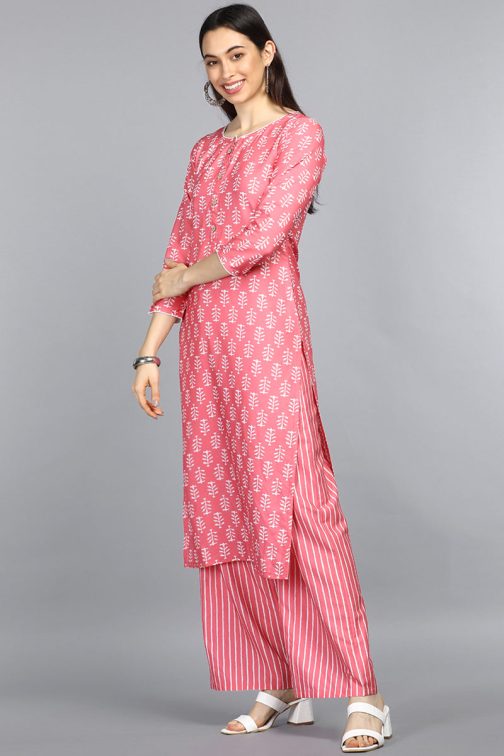 Pink Polyester Straight Kurta With Palazzo Set - Image 3