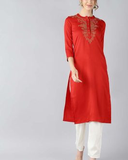 Red Viscose Rayon Solid Straight Embroidered Kurti