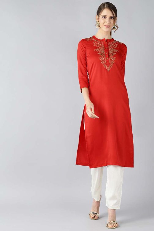 Red Viscose Rayon Solid Straight Embroidered Kurti