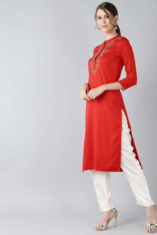 Red Viscose Rayon Solid Straight Embroidered Kurti - Image 2
