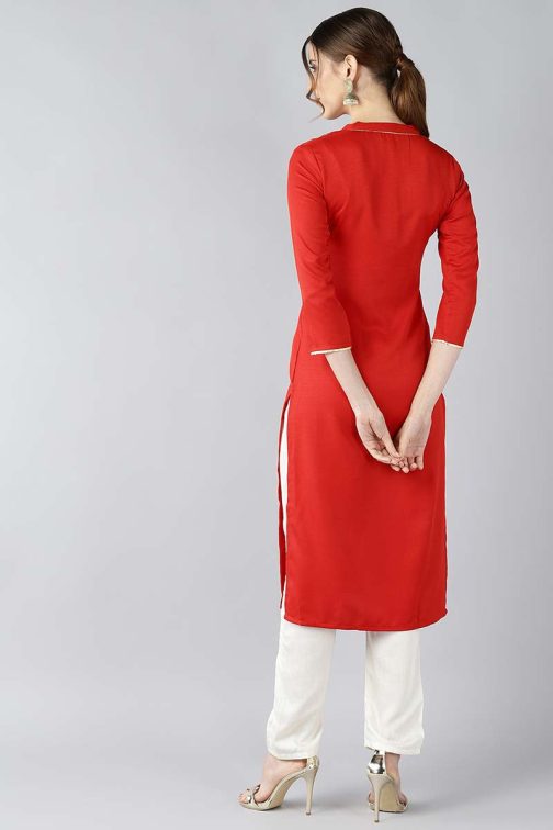 Red Viscose Rayon Solid Straight Embroidered Kurti - Image 3