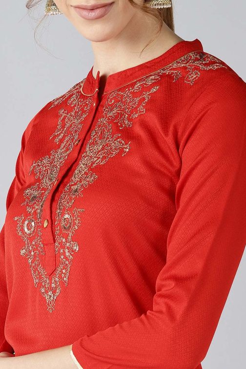 Red Viscose Rayon Solid Straight Embroidered Kurti - Image 4