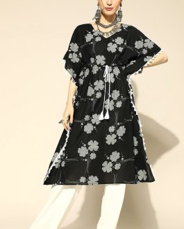 Extended Sleeves Floral Kaftan Kurta in Black with Printed Pattern