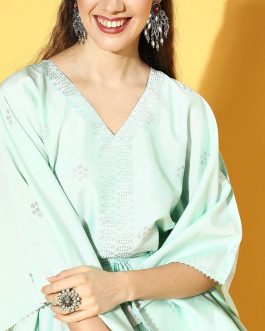 Polyester Woven Design Kaftan Set in Sea Green Color