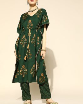 Ethnic Motifs Green Kaftan Set in Polyester