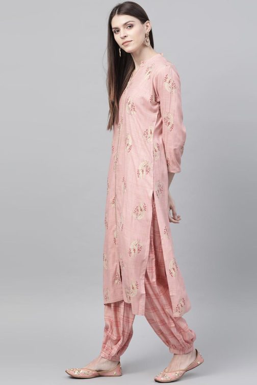 Pink Cotton Floral Printed Trendy Kurta Set - Image 2