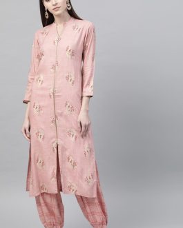 Pink Cotton Floral Printed Trendy Kurta Set