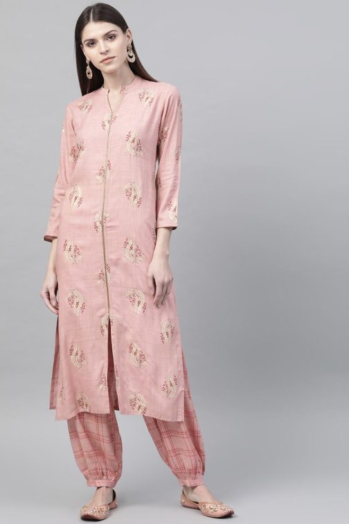 Pink Cotton Floral Printed Trendy Kurta Set