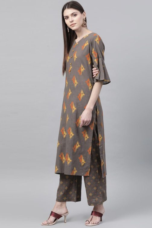 Taupe Cotton Abstract Print Kurta Set - Image 2