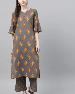 Taupe Cotton Abstract Print Kurta Set