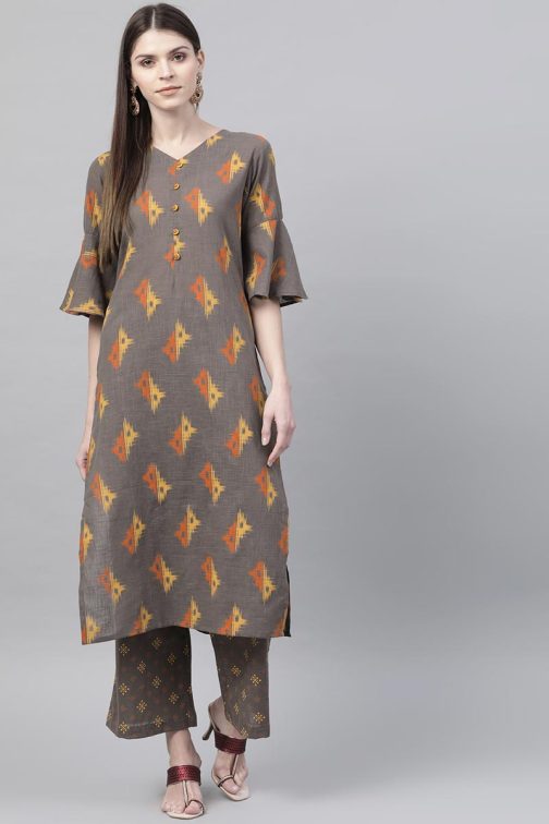 Taupe Cotton Abstract Print Kurta Set
