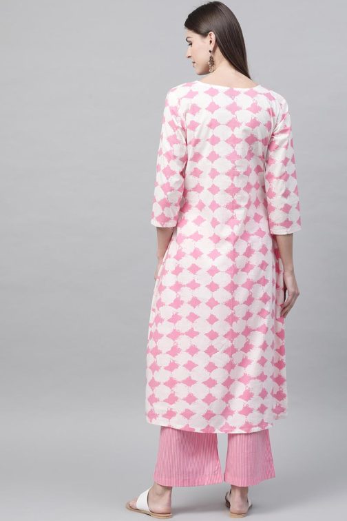 Pink Cotton Geometric Print Kurta Set - Image 3