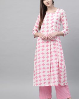 Pink Cotton Geometric Print Kurta Set