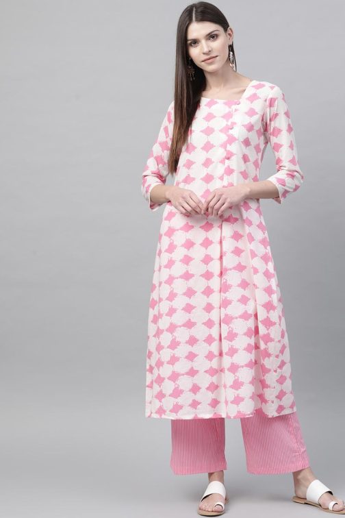 Pink Cotton Geometric Print Kurta Set