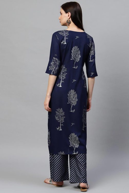 Navy Blue Pure Cotton Floral Printed Kurta Set - Image 3