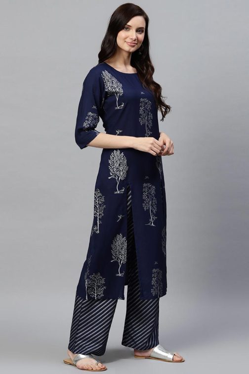 Navy Blue Pure Cotton Floral Printed Kurta Set - Image 2