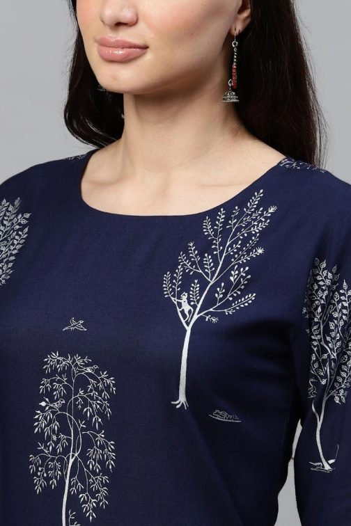 Navy Blue Pure Cotton Floral Printed Kurta Set - Image 4