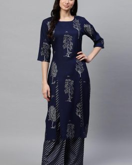 Navy Blue Pure Cotton Floral Printed Kurta Set