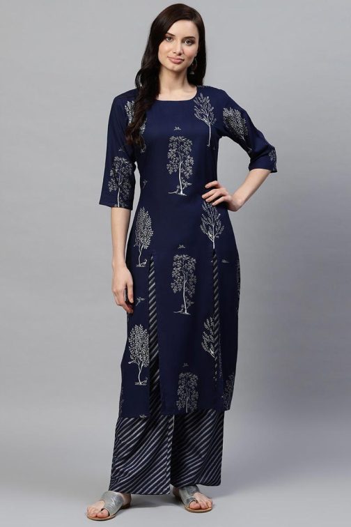 Navy Blue Pure Cotton Floral Printed Kurta Set