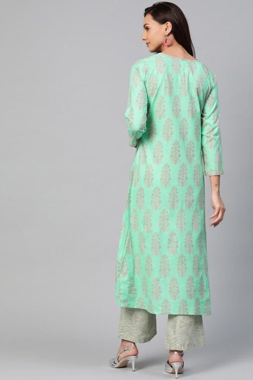 Sea Green Pure Cotton Ethnic Motifs Kurta Set - Image 3