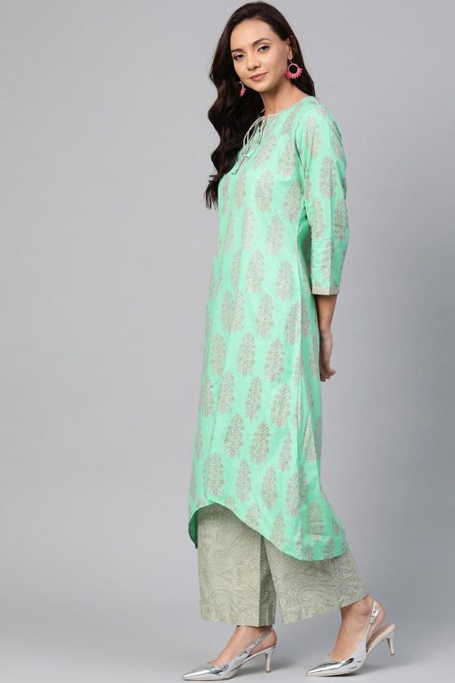 Sea Green Pure Cotton Ethnic Motifs Kurta Set - Image 2