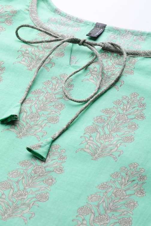 Sea Green Pure Cotton Ethnic Motifs Kurta Set - Image 4