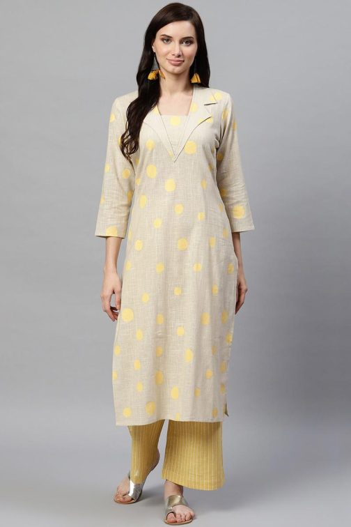 Beige Pure Cotton Geometric Print Kurta Set - Image 2