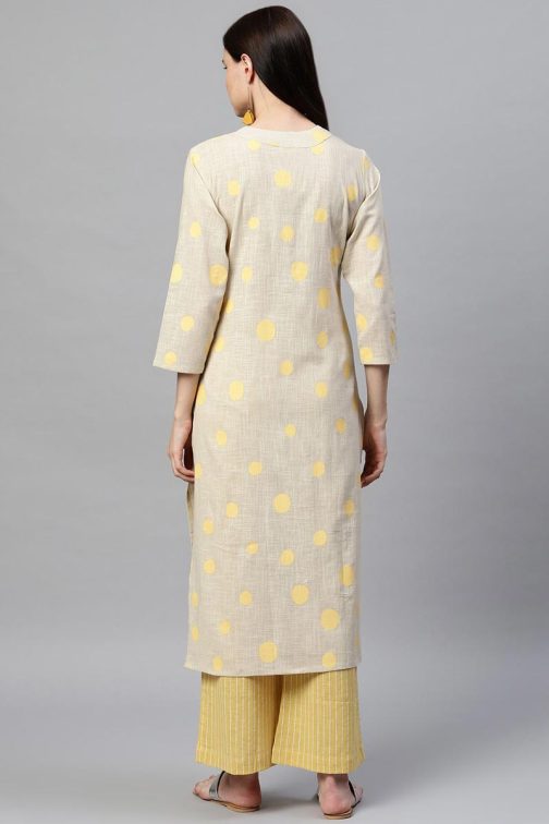 Beige Pure Cotton Geometric Print Kurta Set - Image 3