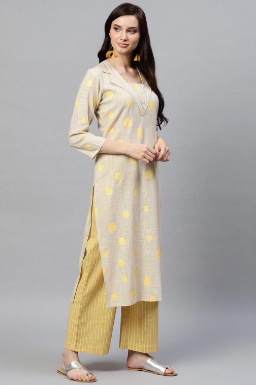 Beige Pure Cotton Geometric Print Kurta Set - Image 4