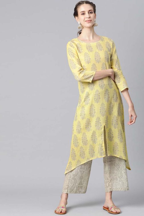 Yellow Pure Cotton Ethnic Motifs Kurta Set