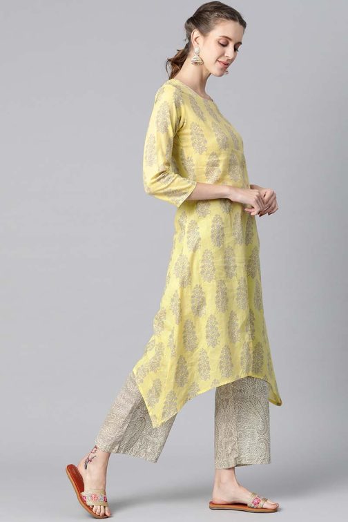 Yellow Pure Cotton Ethnic Motifs Kurta Set - Image 2
