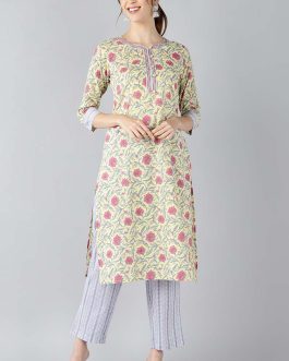 Women Cotton Yellow Ethnic Motifs Printed Straight Kurta Pant Set