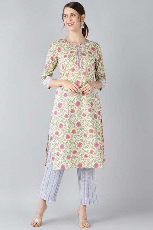 Women Cotton Yellow Ethnic Motifs Printed Straight Kurta Pant Set
