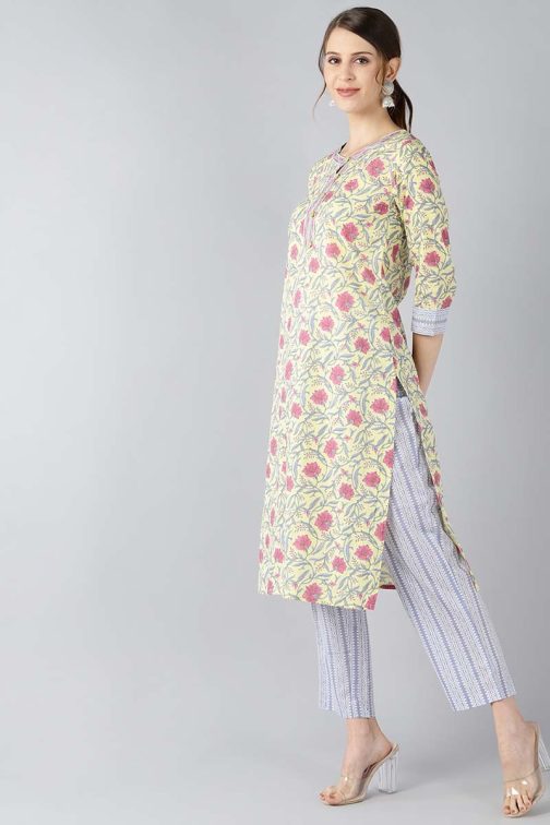 Women Cotton Yellow Ethnic Motifs Printed Straight Kurta Pant Set - Image 2