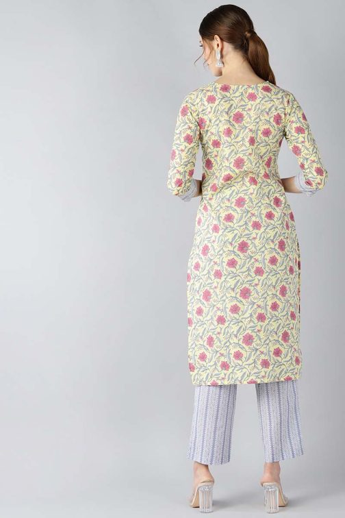 Women Cotton Yellow Ethnic Motifs Printed Straight Kurta Pant Set - Image 3