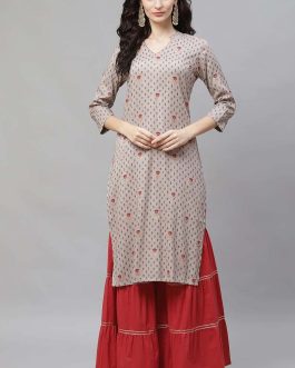 Women Grey Floral Regular Pure Cotton Kurta with Palazzos