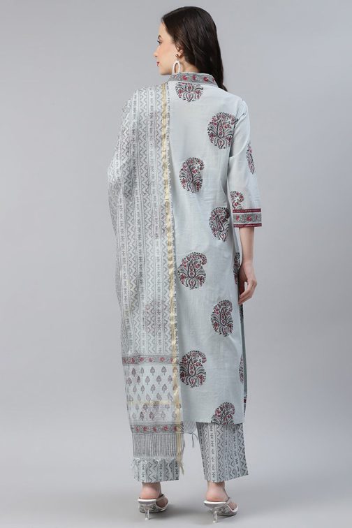Cotton Grey Paisley Printed Straight Kurta Palazzo Dupatta Set - Image 3