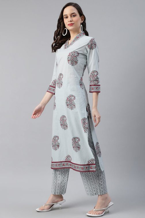 Cotton Grey Paisley Printed Straight Kurta Palazzo Dupatta Set - Image 2