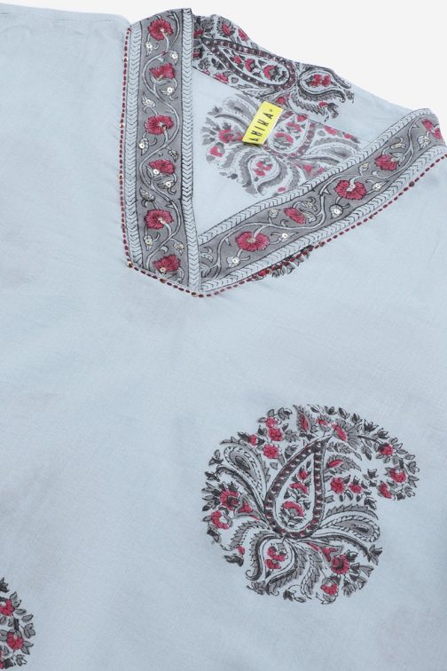 Cotton Grey Paisley Printed Straight Kurta Palazzo Dupatta Set - Image 4