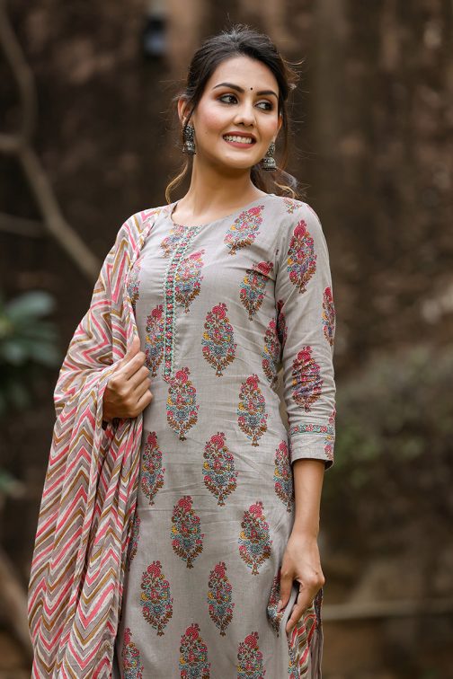 Grey Cotton Blend Straight Suit Set - Image 2
