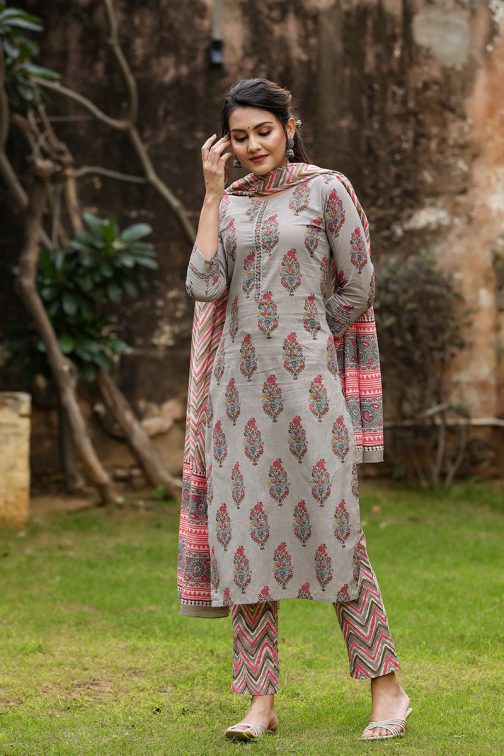 Grey Cotton Blend Straight Suit Set - Image 3